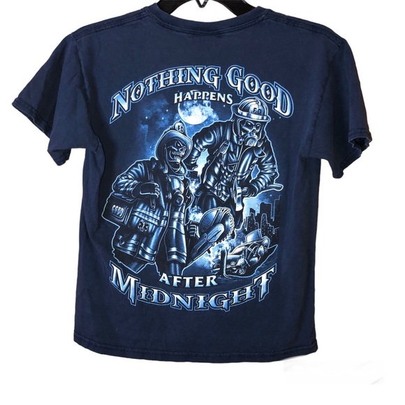 Gildan Coral Gables Nothing good after midnight Firefighters Blue Youth medium - Picture 1 of 6